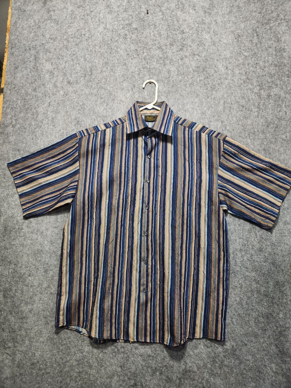 Monzini Collection Mens Large Striped Button Front Shirt Made USA Blue Tan Short